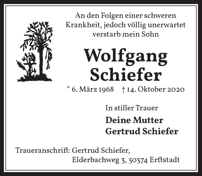  Traueranzeige für Wolfgang Schiefer vom 30.10.2020 aus  Werbepost 
