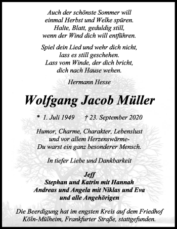 Anzeige von Wolfgang Jacob Müller von Kölner Stadt-Anzeiger / Kölnische Rundschau / Express