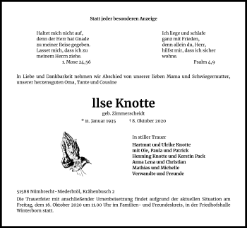 Anzeige von llse Knotte von Kölner Stadt-Anzeiger / Kölnische Rundschau / Express