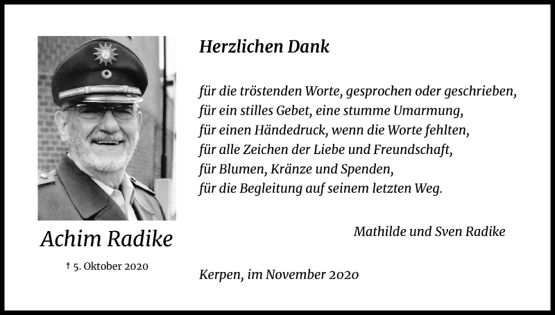  Traueranzeige für Achim Radike vom 07.11.2020 aus Kölner Stadt-Anzeiger / Kölnische Rundschau / Express
