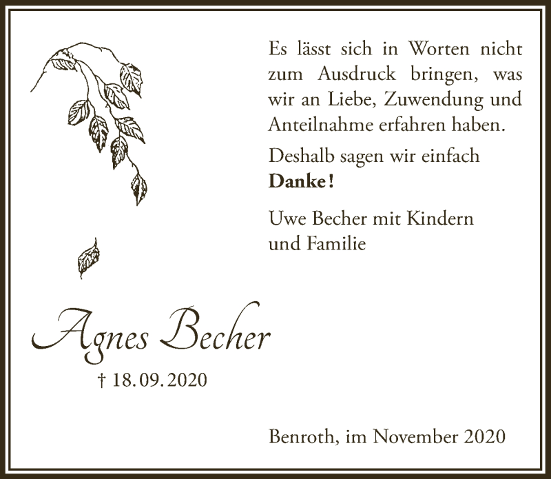  Traueranzeige für Agnes Becher vom 20.11.2020 aus  Lokalanzeiger 