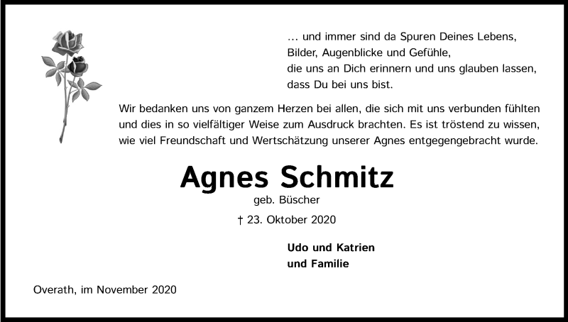  Traueranzeige für Agnes Schmitz vom 21.11.2020 aus Kölner Stadt-Anzeiger / Kölnische Rundschau / Express