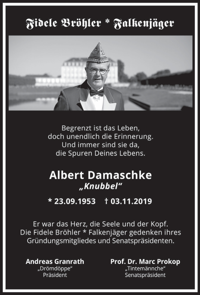  Traueranzeige für Albert Damaschke vom 06.11.2020 aus  Schlossbote/Werbekurier 