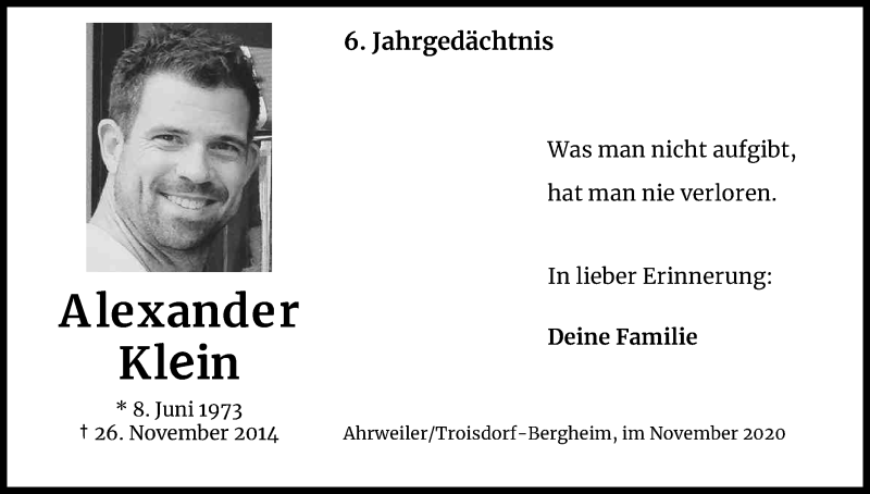  Traueranzeige für Alexander KKlleiinn vom 28.11.2020 aus Kölner Stadt-Anzeiger / Kölnische Rundschau / Express