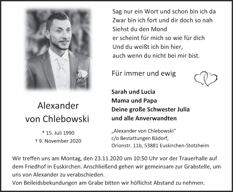  Traueranzeige für Alexander von Chlebowski vom 18.07.2023 aus  Blickpunkt Euskirchen 
