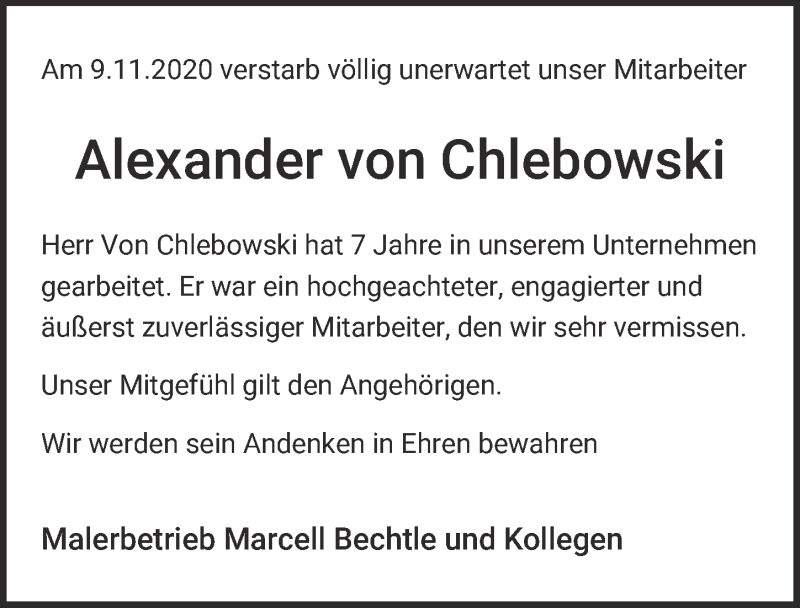  Traueranzeige für Alexander von Chlebowski vom 18.07.2023 aus  Blickpunkt Euskirchen 