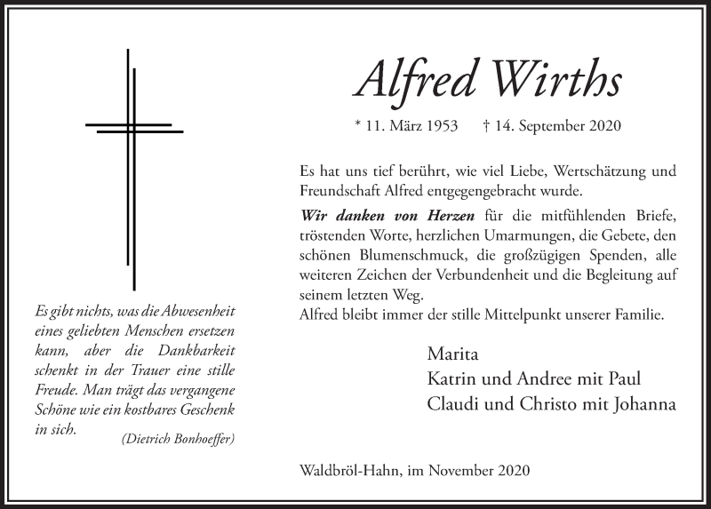  Traueranzeige für Alfred Wirths vom 20.11.2020 aus  Lokalanzeiger 