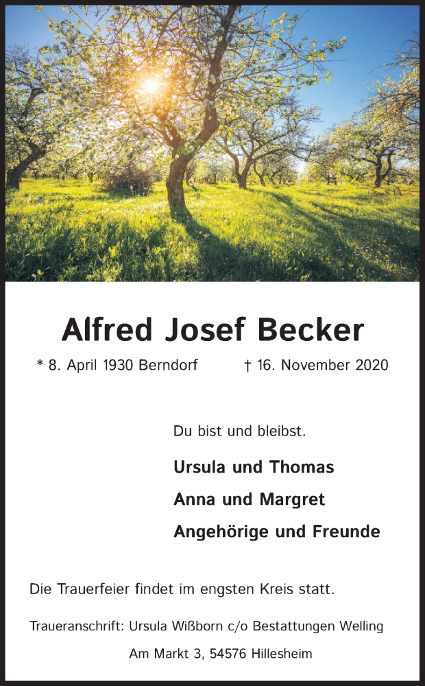  Traueranzeige für Alfred Josef Becker vom 21.11.2020 aus Kölner Stadt-Anzeiger / Kölnische Rundschau / Express