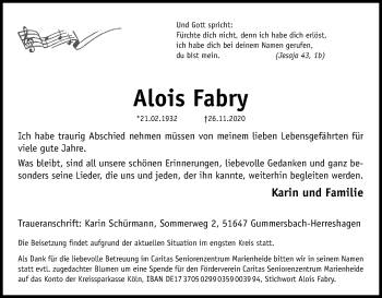 Anzeige von Alois Fabry von Kölner Stadt-Anzeiger / Kölnische Rundschau / Express