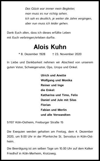 Anzeige von Alois Kuhn von Kölner Stadt-Anzeiger / Kölnische Rundschau / Express