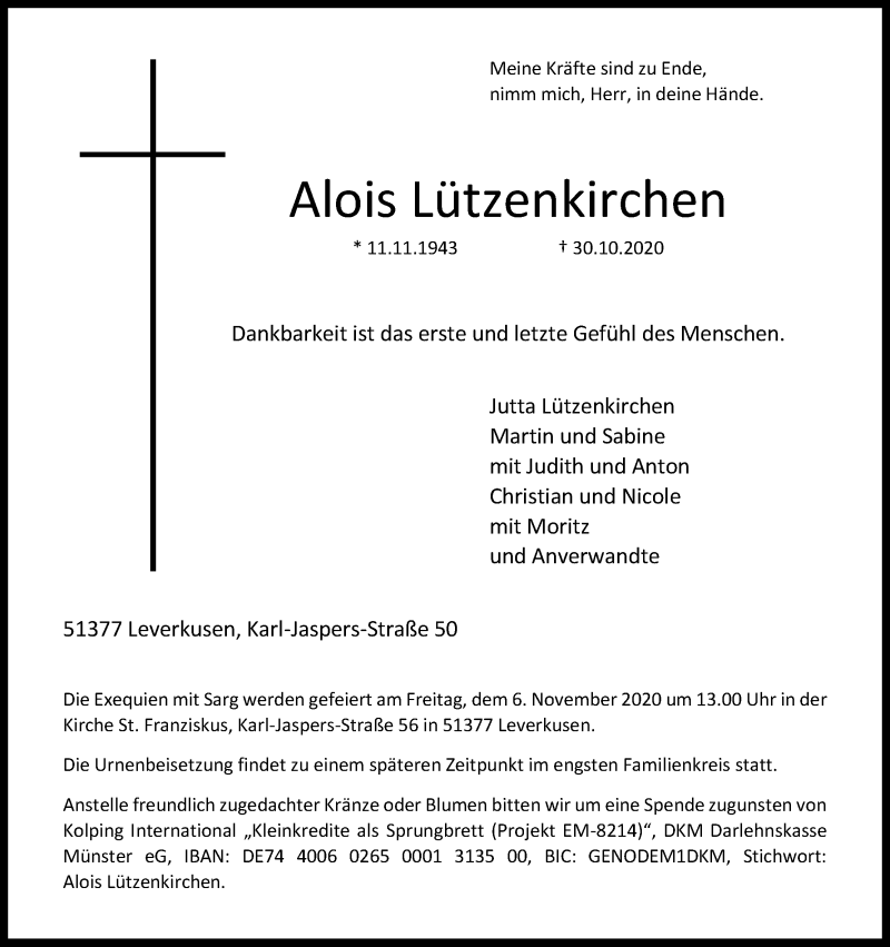  Traueranzeige für Alois Lützenkirchen vom 04.11.2020 aus Kölner Stadt-Anzeiger / Kölnische Rundschau / Express