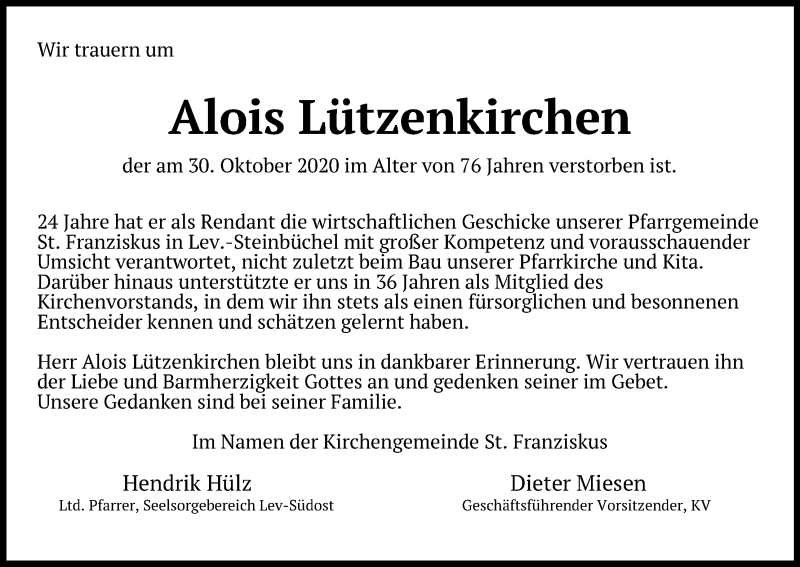 Traueranzeige für Alois Lützenkirchen vom 04.11.2020 aus Kölner Stadt-Anzeiger / Kölnische Rundschau / Express