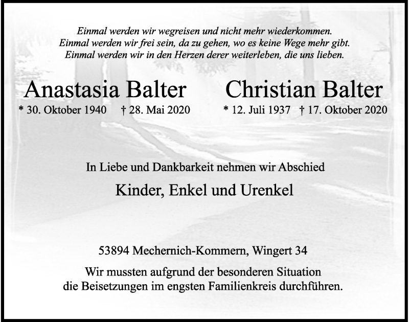  Traueranzeige für Anastasia Balter vom 07.11.2020 aus  Blickpunkt Euskirchen 