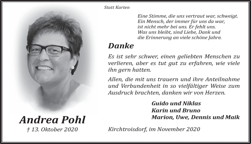  Traueranzeige für Andrea Pohl vom 13.11.2020 aus  Werbepost 