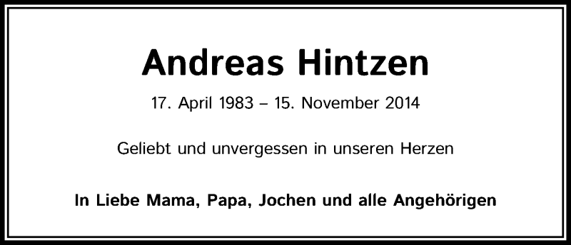  Traueranzeige für Andreas Hintzen vom 14.11.2020 aus Kölner Stadt-Anzeiger / Kölnische Rundschau / Express