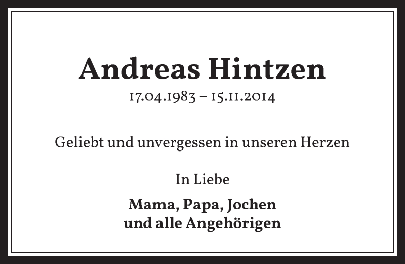  Traueranzeige für Andreas Hintzen vom 13.11.2020 aus  Werbepost 