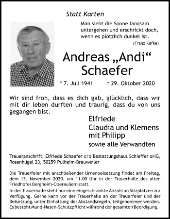 Anzeige von Andreas Schaefer von Kölner Stadt-Anzeiger / Kölnische Rundschau / Express
