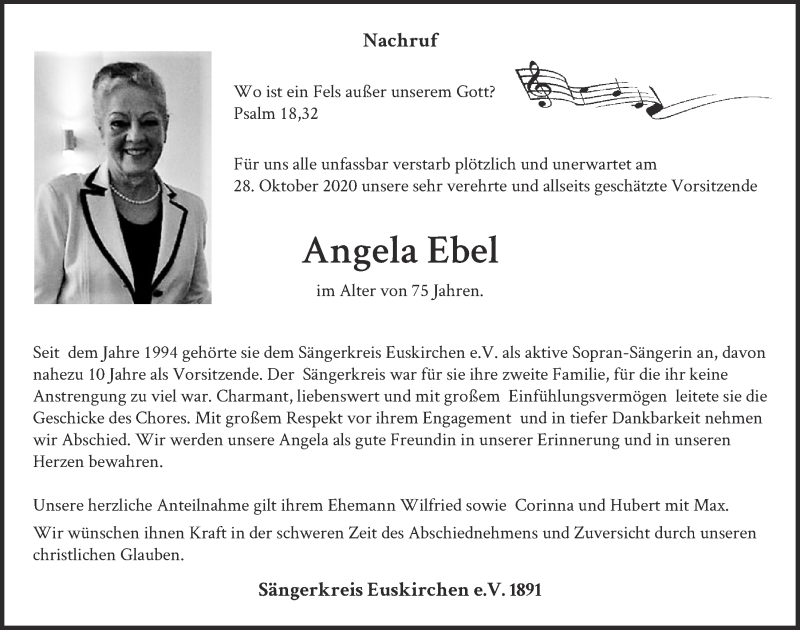  Traueranzeige für Angela Ebel vom 07.11.2020 aus  Blickpunkt Euskirchen 