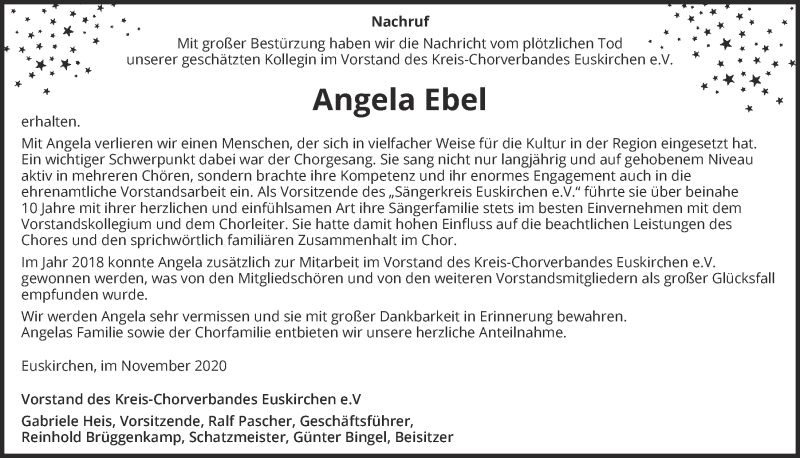  Traueranzeige für Angela Ebel vom 14.11.2020 aus  Blickpunkt Euskirchen 