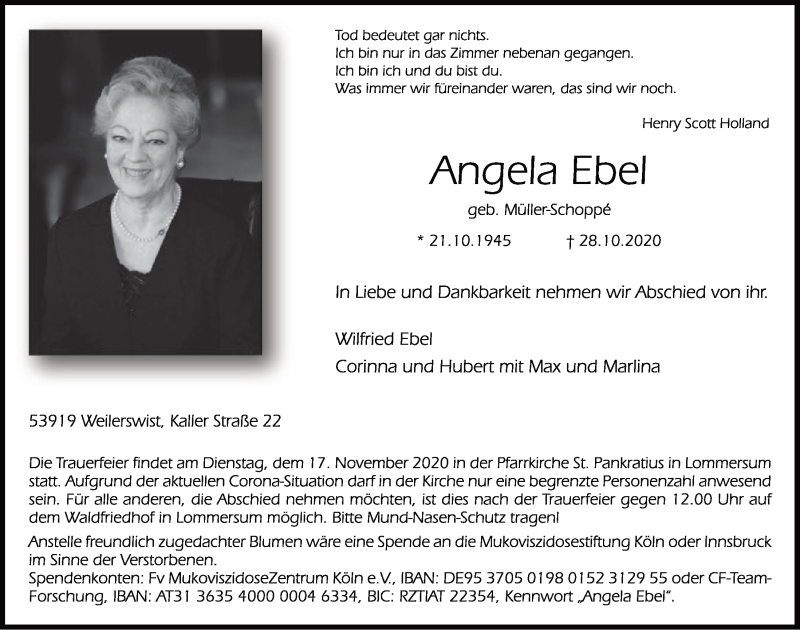  Traueranzeige für Angela Ebel vom 14.11.2020 aus  Blickpunkt Euskirchen 
