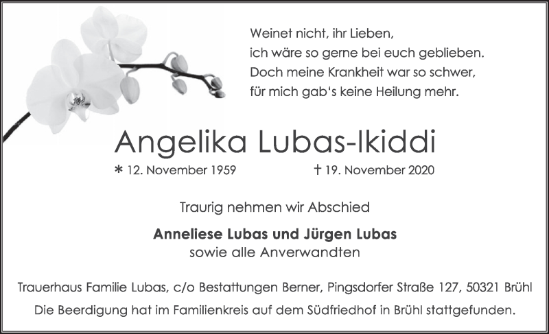  Traueranzeige für Angelika Lubas-lkiddi vom 27.11.2020 aus  Schlossbote/Werbekurier 
