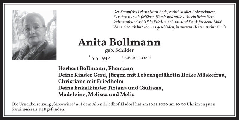  Traueranzeige für Anita Bollmann vom 20.11.2020 aus  Werbepost 