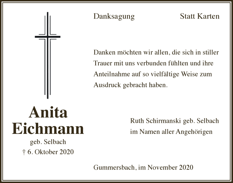  Traueranzeige für Anita Eichmann vom 13.11.2020 aus  Anzeigen Echo 