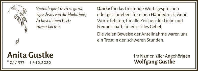  Traueranzeige für Anita Gustke vom 27.11.2020 aus  Lokalanzeiger 