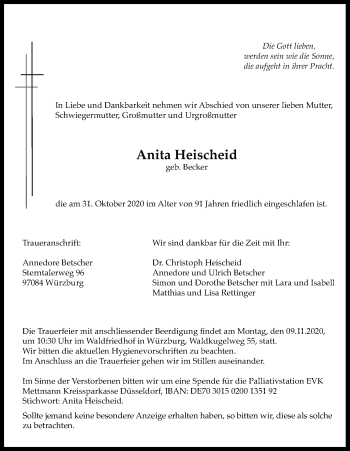 Anzeige von Anita Heischeid von Kölner Stadt-Anzeiger / Kölnische Rundschau / Express