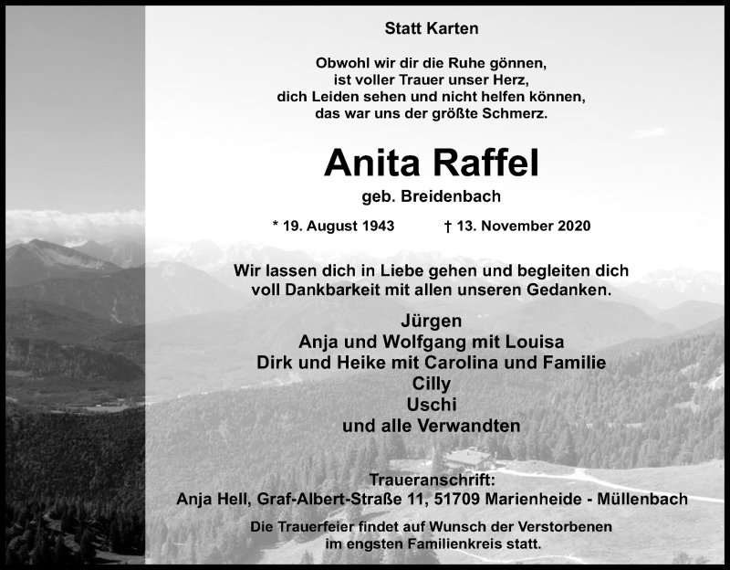  Traueranzeige für Anita Raffel vom 28.11.2020 aus Kölner Stadt-Anzeiger / Kölnische Rundschau / Express