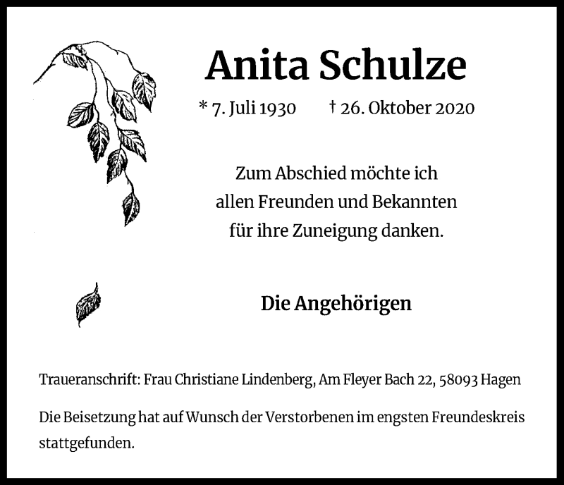  Traueranzeige für Anita Schulze vom 21.11.2020 aus Kölner Stadt-Anzeiger / Kölnische Rundschau / Express