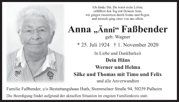 Anzeige von Anna Faßbender von  Kölner Wochenspiegel 