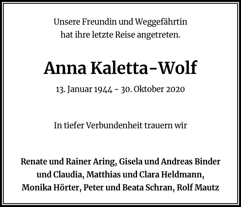  Traueranzeige für Anna Kaletta-Wolf vom 07.11.2020 aus Kölner Stadt-Anzeiger / Kölnische Rundschau / Express