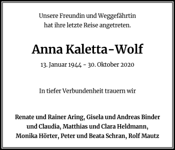 Anzeige von Anna Kaletta-Wolf von Kölner Stadt-Anzeiger / Kölnische Rundschau / Express