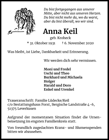 Anzeige von Anna Keil von Kölner Stadt-Anzeiger / Kölnische Rundschau / Express