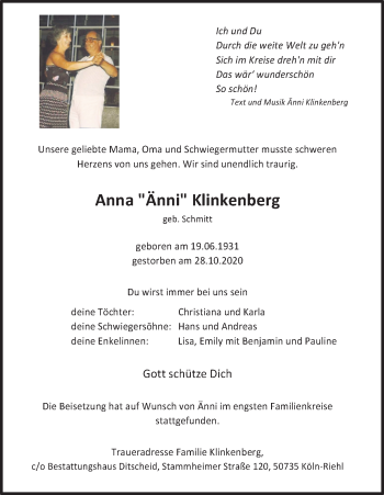 Anzeige von Anna Klinkenberg von Kölner Stadt-Anzeiger / Kölnische Rundschau / Express