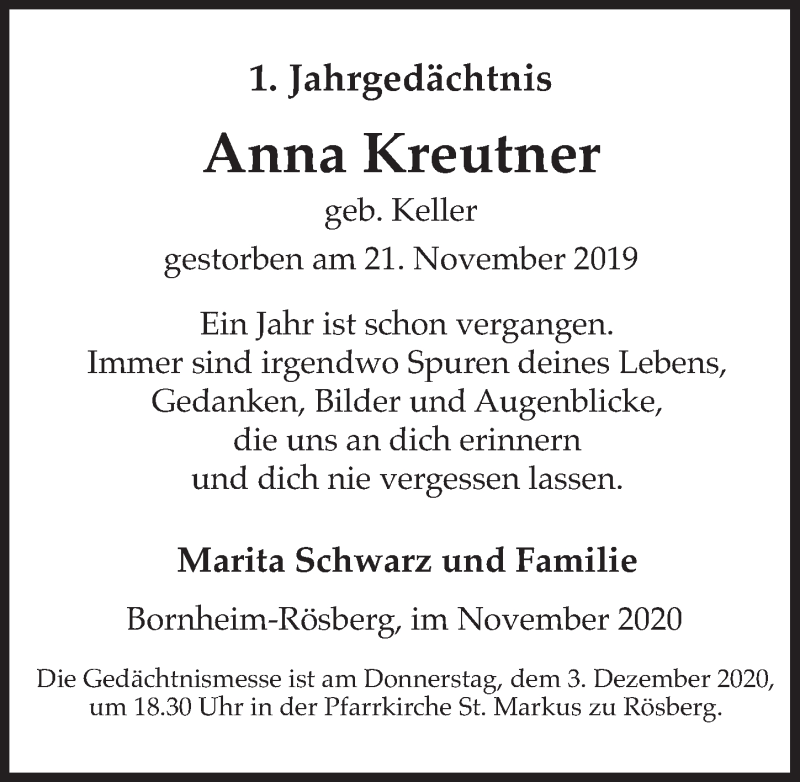  Traueranzeige für Anna Kreutner vom 27.11.2020 aus  Schaufenster/Blickpunkt 