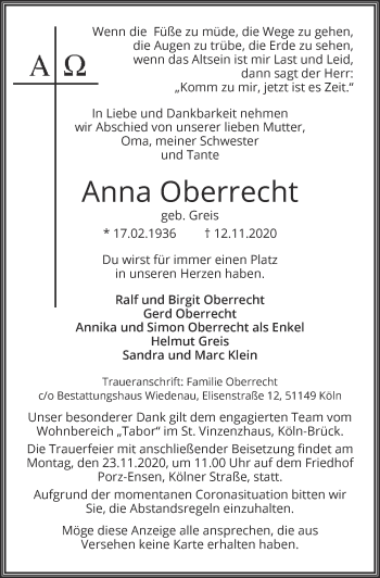 Anzeige von Anna Oberrecht von  Kölner Wochenspiegel 