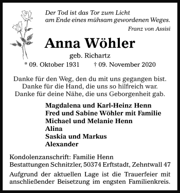 Anzeige von Anna Wöhler von Kölner Stadt-Anzeiger / Kölnische Rundschau / Express