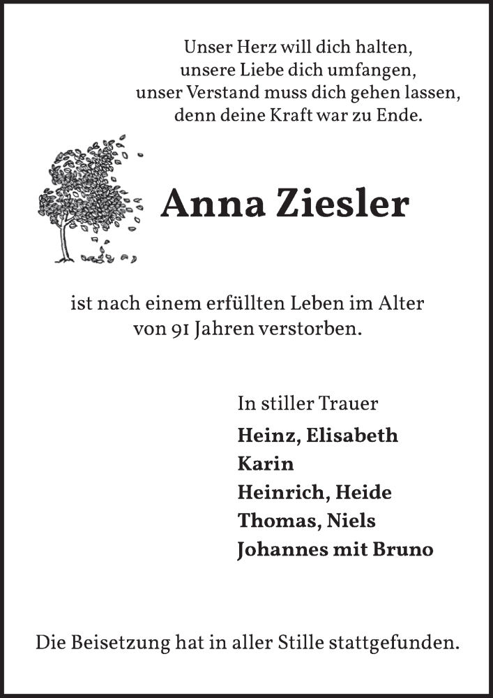  Traueranzeige für Anna Ziesler vom 06.11.2020 aus  Wochenende 