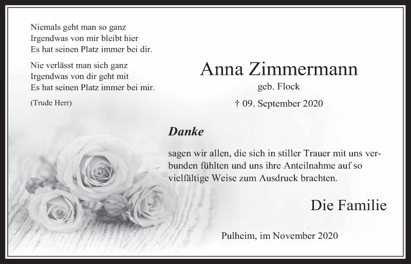  Traueranzeige für Anna Zimmermann vom 06.11.2020 aus  Wochenende 