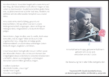 Anzeige von Anna Katharina Knopp von Kölner Stadt-Anzeiger / Kölnische Rundschau / Express