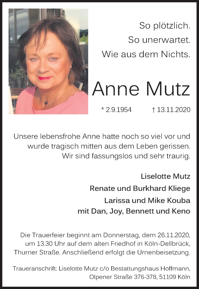 Traueranzeige für Anne Mutz vom 21.11.2020 aus Kölner Stadt-Anzeiger / Kölnische Rundschau / Express