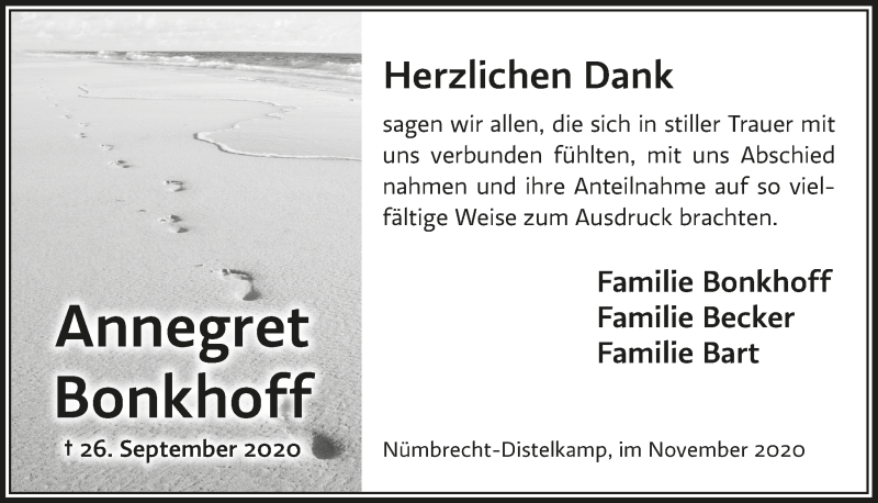  Traueranzeige für Annegret Bonkhoff vom 13.11.2020 aus  Lokalanzeiger 