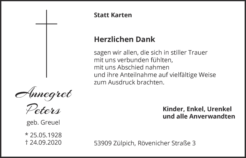  Traueranzeige für Annegret Peters vom 14.11.2020 aus  Blickpunkt Euskirchen 