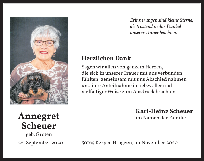  Traueranzeige für Annegret Scheuer vom 06.11.2020 aus  Werbepost 