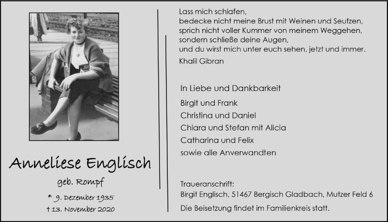 Traueranzeige für Anneliese Englisch vom 20.11.2020 aus  Bergisches Handelsblatt  Extra Blatt 