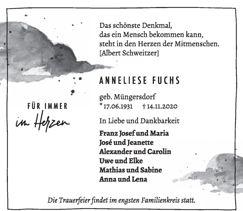  Traueranzeige für Anneliese Fuchs vom 20.11.2020 aus  Schlossbote/Werbekurier 