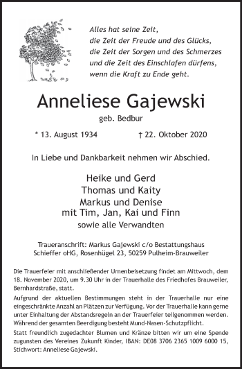 Anzeige von Anneliese Gajewski von  Wochenende 