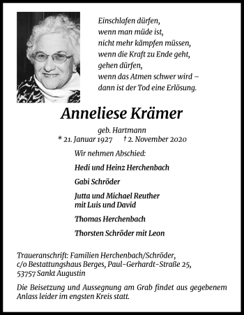 Anzeige von Anneliese Krämer von Kölner Stadt-Anzeiger / Kölnische Rundschau / Express